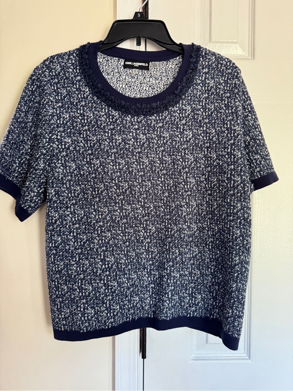 Karl Lagerfeld XL Tweed Navy Blue and White Short Sleeve Sweater